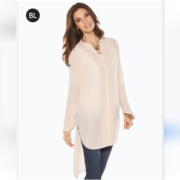 Chico's Black Label Button Up Pleated Tunic Blouse in Baby Pink - Picture 1 of 15